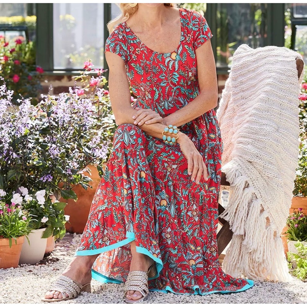 Soft Surroundings XL Kara Maxi Midi Dress Tiered Floral Red Teal - Picture 1 of 12